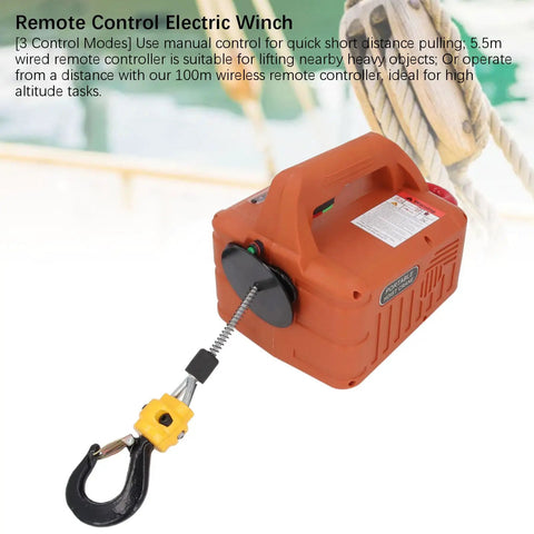 Heavy Duty Electric Hoist Winch 660 LB Capacity With 1500W Motor For Garage Use, 25 Foot Lift Height And Fast Speed Plus Us Plug Power showing remote control and hook.