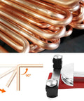 QWORK Tube Bender Kit For Soft Copper And Aluminum Pipes Ratchet Style Bending Tool 1/4 To 7/8 Inch For HVAC Refrigeration Heating Systems Easy Use Professional Grade close-up of bent copper tubing and ratchet cutter.