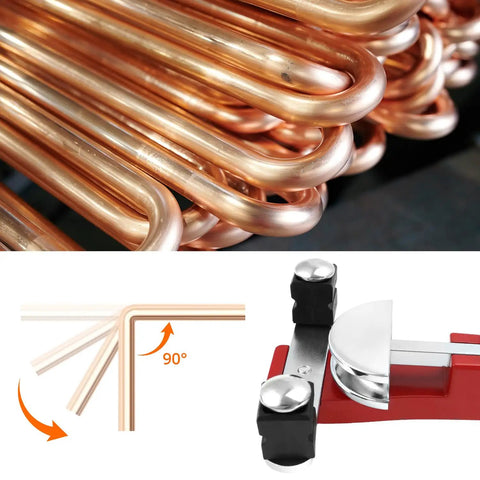 QWORK Tube Bender Kit For Soft Copper And Aluminum Pipes Ratchet Style Bending Tool 1/4 To 7/8 Inch For HVAC Refrigeration Heating Systems Easy Use Professional Grade close-up of bent copper tubing and ratchet cutter.