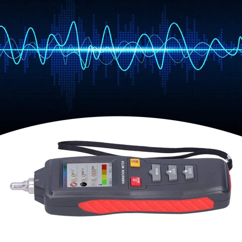 Pro Grade Digital Vibration Analyzer With Color LCD Display And Screw Interface Probe Measures Displacement Velocity Acceleration And Frequency With Backlit Screen For Easy Multi Direction Readouts And Precise Field Diagnostics. handheld meter with strap