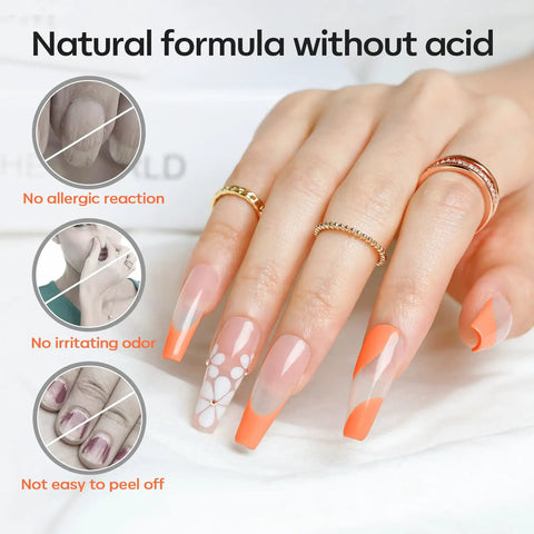 Hand with long orange and clear nails showing benefits of Acid Free Nail Dehydrator And Primer Kit For Bonding Gel And Acrylic Manicures