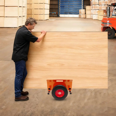 Beefy Heavy Duty Panel Dolly For All Terrain Use With 2 Wheel Slab Design And 10 Inch Solid Wheels, Supports Up To 1100 Lbs, Built Tough For Easy Mobility And Scratch Resistant Iron Construction. Moving large wood panel in warehouse