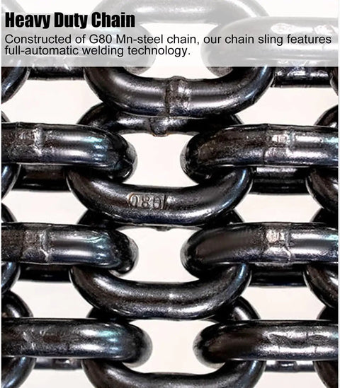 Close-up view of Heavy Duty Four Leg Chain Sling With Adjustable Grab Hooks For Engine Hoist And Industrial Crane Gear Crafted From Tough G80 Alloy Steel.