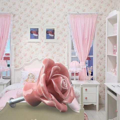 Cute Eight Pack Pink Rose Ceramic Cabinet Knob Set With Screws Vintage Floral in bedroom setting