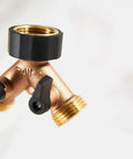 Heavy Duty Brass Dual Outlet Faucet Adapter Lets You Split One Faucet Into Two Hose Outlets With Separate Ball Valve Levers For Easy Flow Control Durable Brass Construction Handles High Water Pressure Brown Finish, brass splitter with two valves