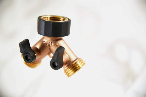 Heavy Duty Brass Dual Outlet Faucet Adapter Lets You Split One Faucet Into Two Hose Outlets With Separate Ball Valve Levers For Easy Flow Control Durable Brass Construction Handles High Water Pressure Brown Finish, brass splitter with two valves