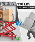 EliteEdge Hydraulic Lift Table Cart With 330 Lbs Load Capacity And 50 Inch Max Height Featuring Double Scissor Design with boxes.