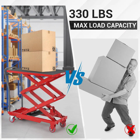 EliteEdge Hydraulic Lift Table Cart With 330 Lbs Load Capacity And 50 Inch Max Height Featuring Double Scissor Design with boxes.