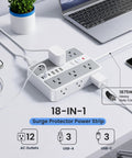 Chill And Charge While This Rock Solid Six Foot Surge Protector Power Strip Handles Twelve AC Outlets And Six Fast USB Ports For Laptops Phones And Daily Tech on a desk, featuring 12 AC outlets, 3 USB-A, and a heavy duty cord.