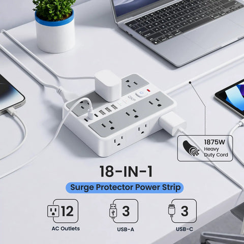 Chill And Charge While This Rock Solid Six Foot Surge Protector Power Strip Handles Twelve AC Outlets And Six Fast USB Ports For Laptops Phones And Daily Tech on a desk, featuring 12 AC outlets, 3 USB-A, and a heavy duty cord.