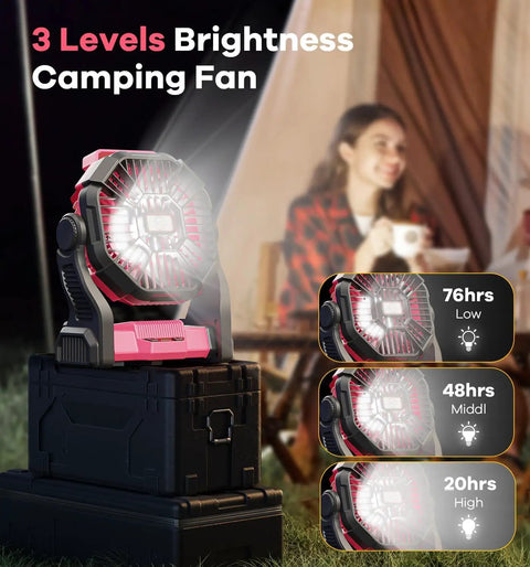 20000mAh Portable Camping Fan With LED Light Battery Powered Quiet Operation USB A And USB C Ports in pink showing brightness levels