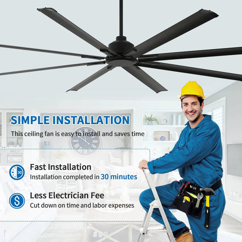 Installation of 96 Inch Industrial Ceiling Fan Without Lights With 8 Reversible Aluminum Blades, shown by a worker on a ladder