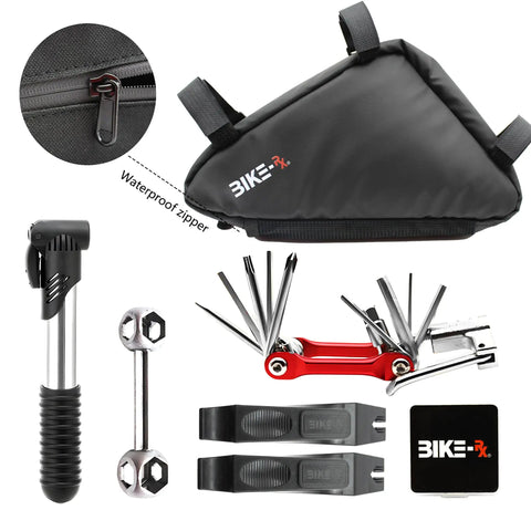Portable Bike Repair Kit With Multitool, 120 PSI Mini Pump, Tire Levers And Patches, 16 Piece On The Go Bicycle Maintenance Set