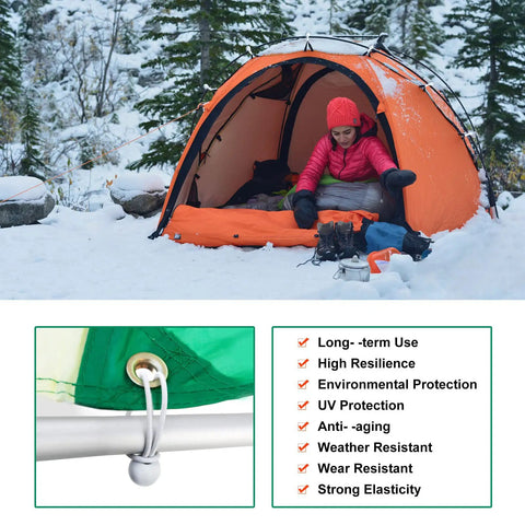 Heavy Duty Ball Bungee Cords 50 Pack, Workhorse 6 Inch White Ball Tarp Tie Down securing orange tent in snowy forest