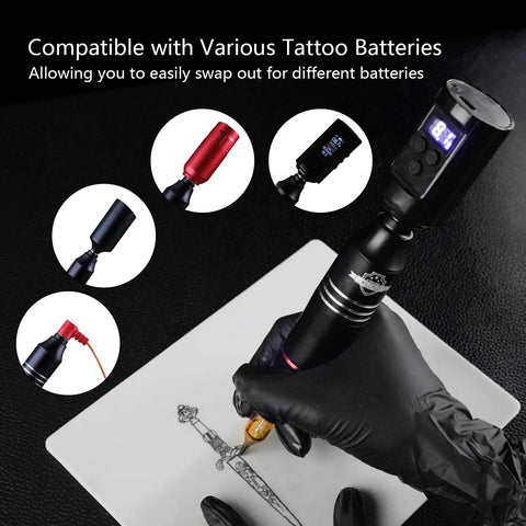 Wireless Tattoo Kit For Beginners All In One Rotary Pen Machine With 2 Batteries And Charger 20 Ink Cups 30ml Black Ink 7 Color Inks Gloves 10 Cartridge Needles Grip Cover Transfer Gel Practice Skin And Paper Sheets, black rotary pen on practice skin