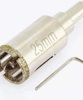 1-inch diamond tile hole saw with pilot bit and Allen key; silver steel body for marble, granite, ceramic tiles.