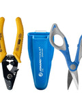 TK 350 Fiber Optic Stripper And Kevlar Shears Kit with molded pouch, including JIC-375 stripper and Kevlar shears, for cabling projects.