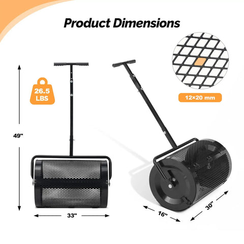 30 Inch Compost Spreader For Lawn And Garden With Adjustable Four Height T Shape Handle Peat Moss Roller Seed Spreader with mesh and dimensions