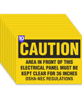 Thirty Six Inch Caution Stickers Pack Of Ten Seven By Five Inch Electrical Panel Clearance Signs tough vinyl safety decals on yellow background.