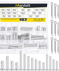 Clevis Pin Kit 51 Single Hole Flat Head Clevis Pins In 18 Sizes Plus 51 Random Size Split Cotter Pins Three Sixteenths Inch To One Half Inch Zinc Plated Carbon Steel Easy Storage In Plastic Organizer Box Great For Garage Use Total 102 Pieces displayed in organizer.