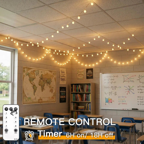Warm White 33Ft 100 LED Connectable Globe String Lights in classroom with remote control and timer