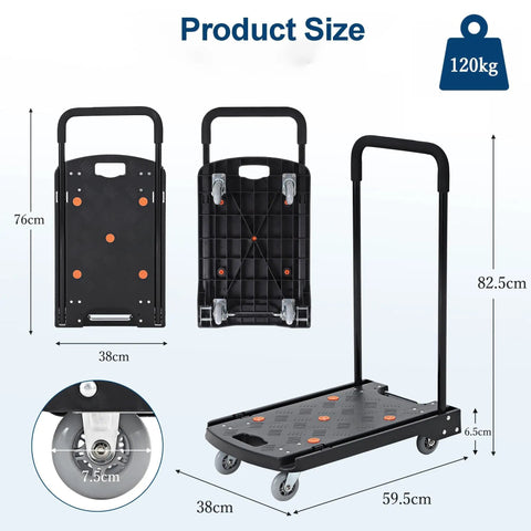 Heavy Duty Folding Hand Truck Workhorse With 330 Lbs Capacity 4 Wheel Dolly Cart For Home Office Shopping And Garage Hauling Compact Foldable Design With Sturdy Black Frame For Easy Storage. 76cm x 38cm size