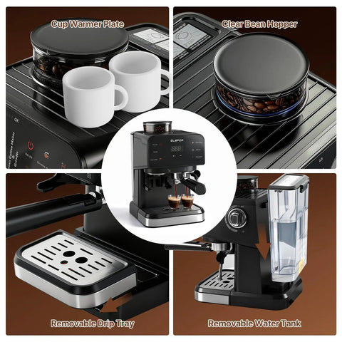 Collage of features in the Espresso Machine With Built In Grinder 20 Bar Pump Black Coffee Maker, including cup warmer, bean hopper, drip tray, and water tank.