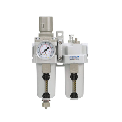 Front view of All In One Compressed Air Filter Regulator Lubricator Piggyback Combo One Half Inch NPT with Metal Bowl Sight Glass
