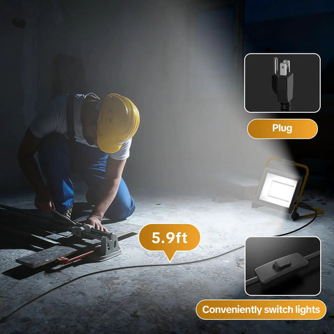 Powerful 3600 Lumen LED Work Light with 30W 6000K flood beam, 5.9ft cord shown in workshop, IP66 waterproof, for indoor outdoor lighting