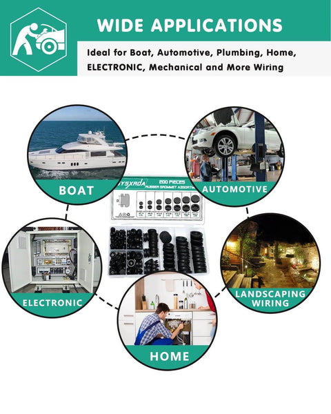 Rubber Grommet Kit 200 Pack With 7 Sizes For Firewall Holes And Cable Management Automotive Home Improvement applications graphic