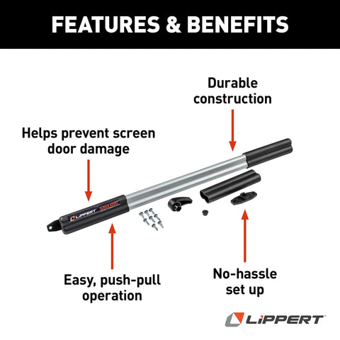 Screen Assist RV Screen Door Push Bar With Full Width Push Handle For Easy Access When Your Hands Are Full Durable Corrosion Resistant Aluminum And Plastic Construction Easy Installation Ideal For Camping And Full Hands Convenience. RV screen door push bar with hardware