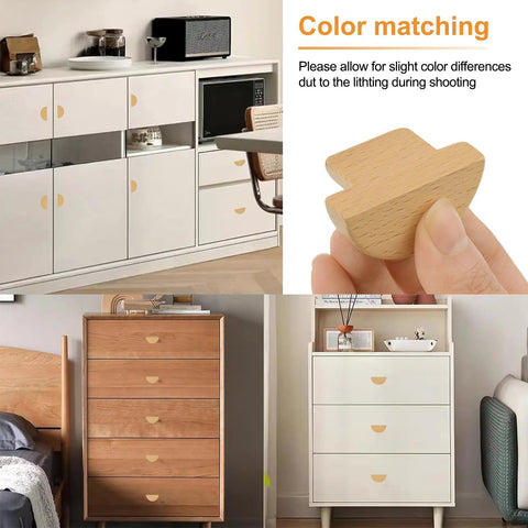 Half Moon Wooden Drawer Handles Set Of 6 Beech Wood Wardrobe And Cabinet Pulls with natural finish installed on furniture
