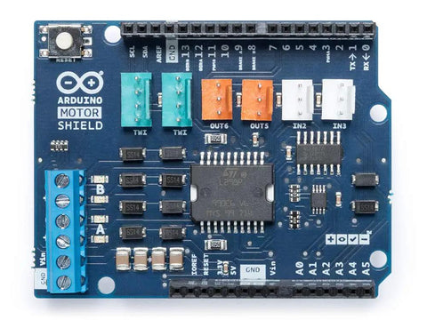 Top view of Dual H-Bridge Motor Shield Rev 3 for four DC motors or two stepper motors, 1.2A per channel, Arduino-compatible board.