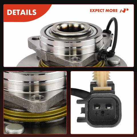 Front Wheel Bearing and Hub Assembly for Chevy Silverado 1500, GMC Sierra 1500, Suburban, Yukon, Escalade, XTS 2015 to 2020 4WD with ABS and 6 Lug Replacement Part Built Tough, showcasing detailed metal construction and ABS sensor connector.