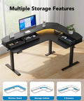 65 Inch L Shaped Standing Desk With Power Outlets And LED Strip, Electric Height Adjustable Corner Computer Desk For Home Office, Sit Stand Up Desk With Three Drawers, Black, shown with multiple storage features and three drawers visible.
