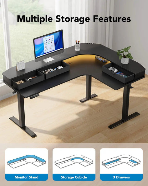 65 Inch L Shaped Standing Desk With Power Outlets And LED Strip, Electric Height Adjustable Corner Computer Desk For Home Office, Sit Stand Up Desk With Three Drawers, Black, shown with multiple storage features and three drawers visible.