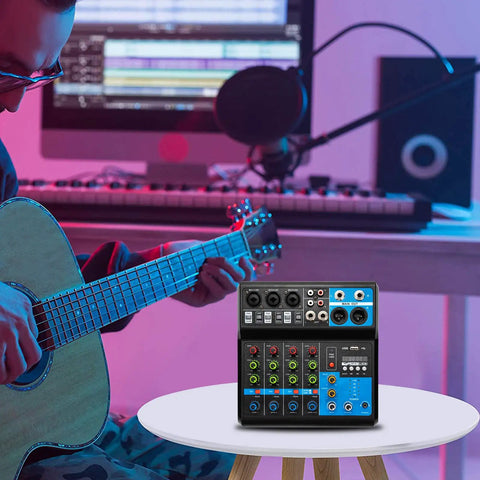 5 Channel Audio Mixer With Bluetooth USB MP3 Stereo 48V Phantom Power Pro DJ Mixing Console on table in studio