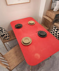 Red Glossy Peel And Stick Wallpaper Vinyl Wrap With Glitter Finish on dining table, decorative plates, wooden chairs