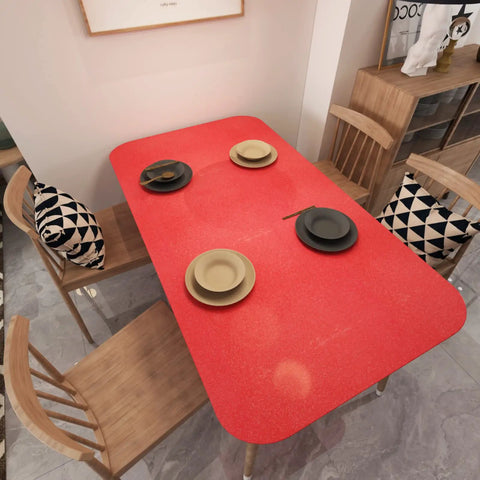 Red Glossy Peel And Stick Wallpaper Vinyl Wrap With Glitter Finish on dining table, decorative plates, wooden chairs