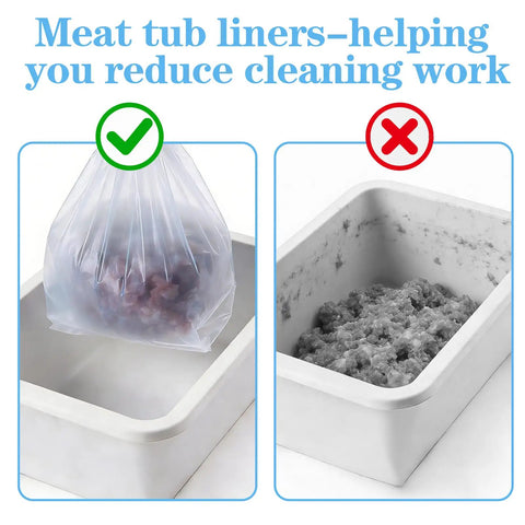 Comparison of meat processing tubs with and without Clear Poly Meat Lug Liners Set, 25 Count, 21x22 Inch, 2.5 Mil Food Grade Tub Liners
