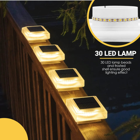 Easy Install Solar Post Lights For Fence Deck And Patio, 30 LED Warm White Post Cap Lights on wooden railing at night
