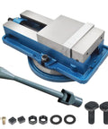 Badass Precision 6 Inch X 7.87 Inch Swivel Mill Vise with blue base, steel jaws and accessories for metal fabrication tasks.
