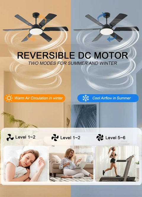 Diagram showing 52 Inch Low Profile Ceiling Fan With Lights Remote And App Control 3 CCT Dimmable 6 Speed Ultra Quiet DC Motor Reversible