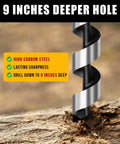 BURTOK 10-inch hand auger drilling into wood; high-carbon steel spiral bit.