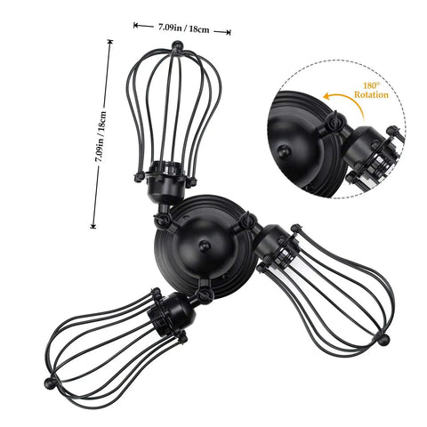 Vintage Wire Cage Semi Flush Mount Ceiling Light 3 Light Industrial Black Metal Fixture with 180° rotation feature