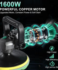 1600W Car Buffer Polisher With 7 Inch And 6 Inch Pads Pure Copper Motor Variable Speed 1000 To 3500 RPM Heavy Duty Car And Boat Polishing Kit With Ultra Long Cord For Waxing Buffing And Detailing showcasing powerful motor components and handle