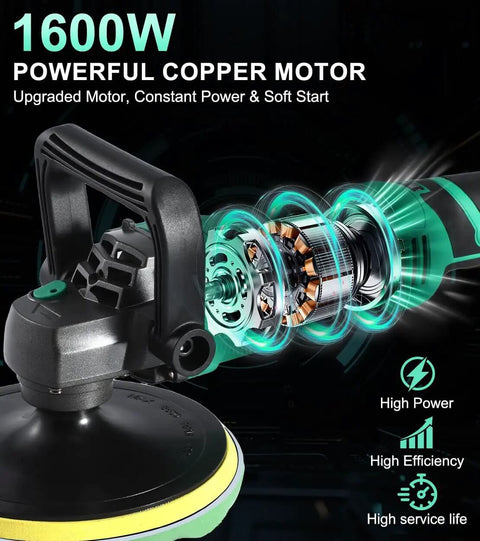 1600W Car Buffer Polisher With 7 Inch And 6 Inch Pads Pure Copper Motor Variable Speed 1000 To 3500 RPM Heavy Duty Car And Boat Polishing Kit With Ultra Long Cord For Waxing Buffing And Detailing showcasing powerful motor components and handle