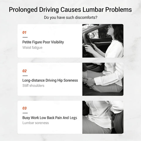 Image showcasing lumbar discomforts from prolonged driving, highlighting poor visibility and hip soreness for drivers.