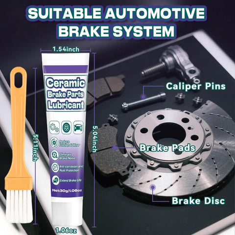 Premium Ceramic Brake Grease With Brush For Calipers Pins And Pads Quiet Heat Resistant Automotive Lubricant Reducing Squeal Friction And Rust On Metal Parts Easy Application 1oz with brush beside brake parts