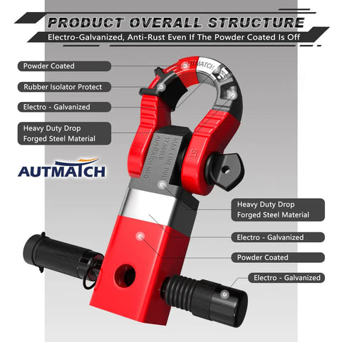 Heavy Duty Off Road Towing Kit with 2 Inch Shackle Hitch Receiver, showing electro-galvanized design and forged steel material